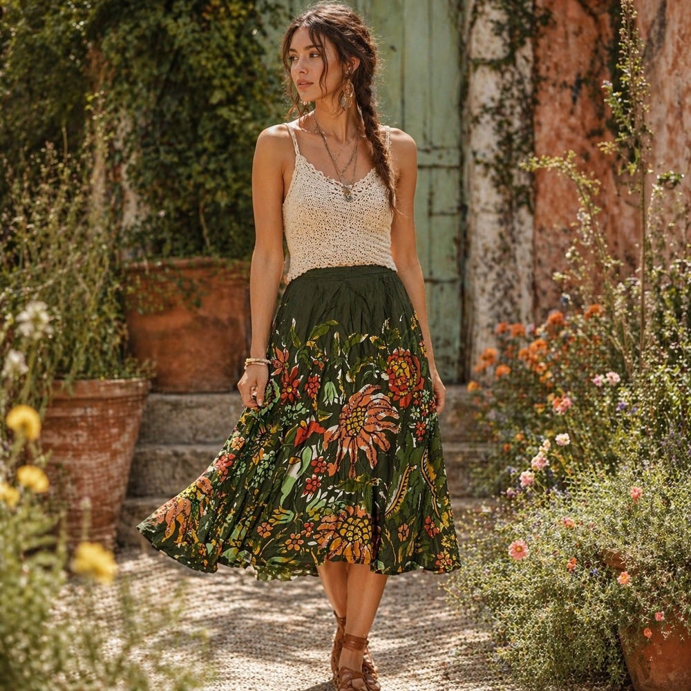 Mossimo Floral Beaded Midi Skirt Womens 10 Green Cottagecore Boho Chic Earthy